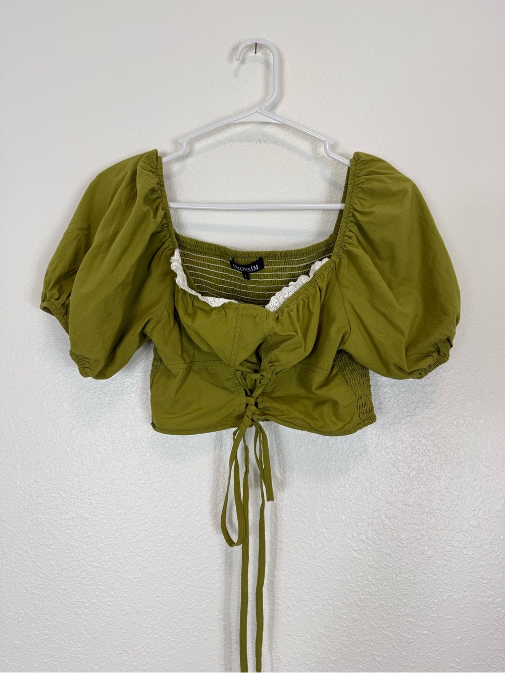 Olive Green & White Lace Corset Crop Top Front Tie Omonism